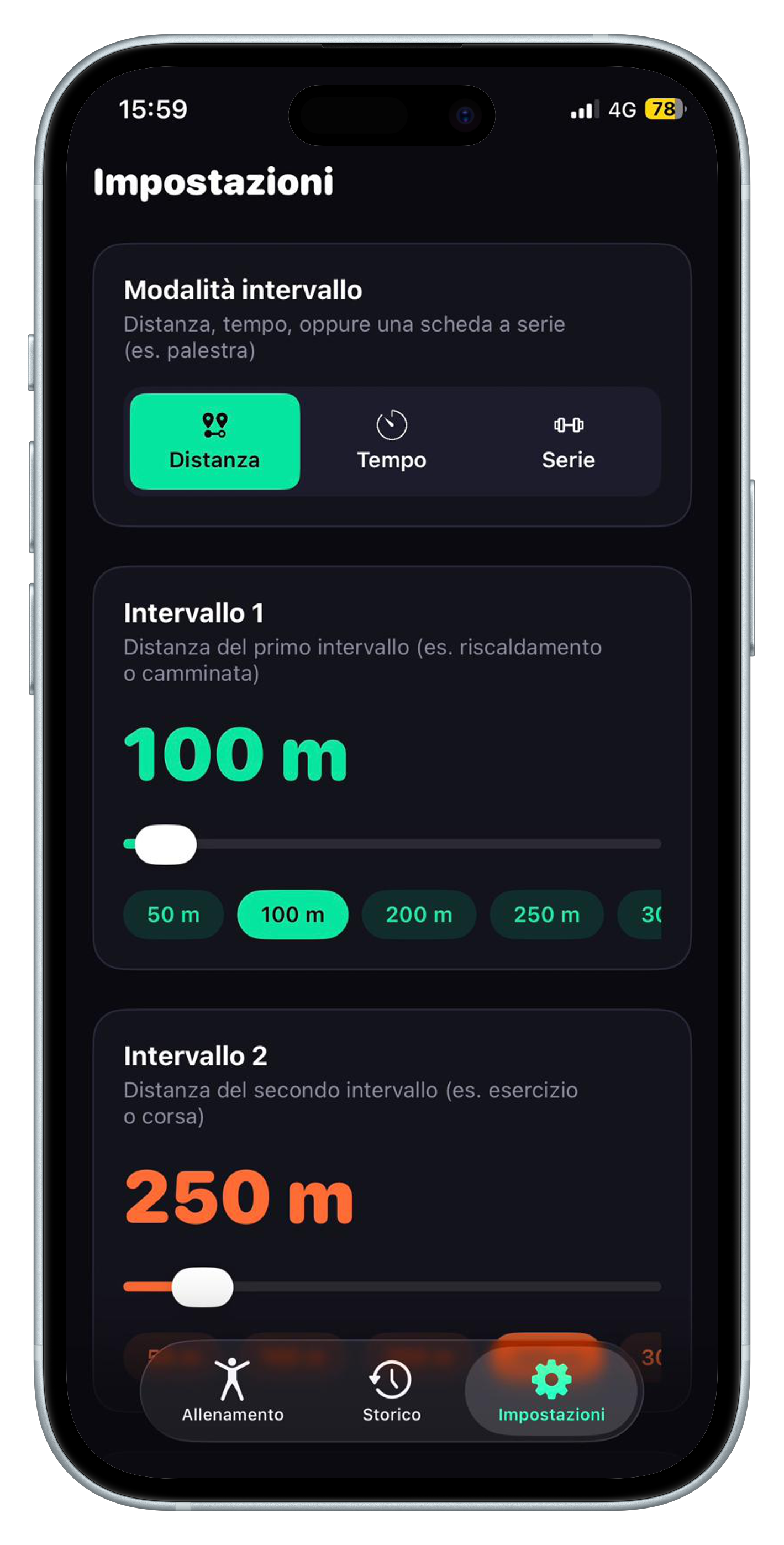CueMe Fit, impostazioni modalità Distanza