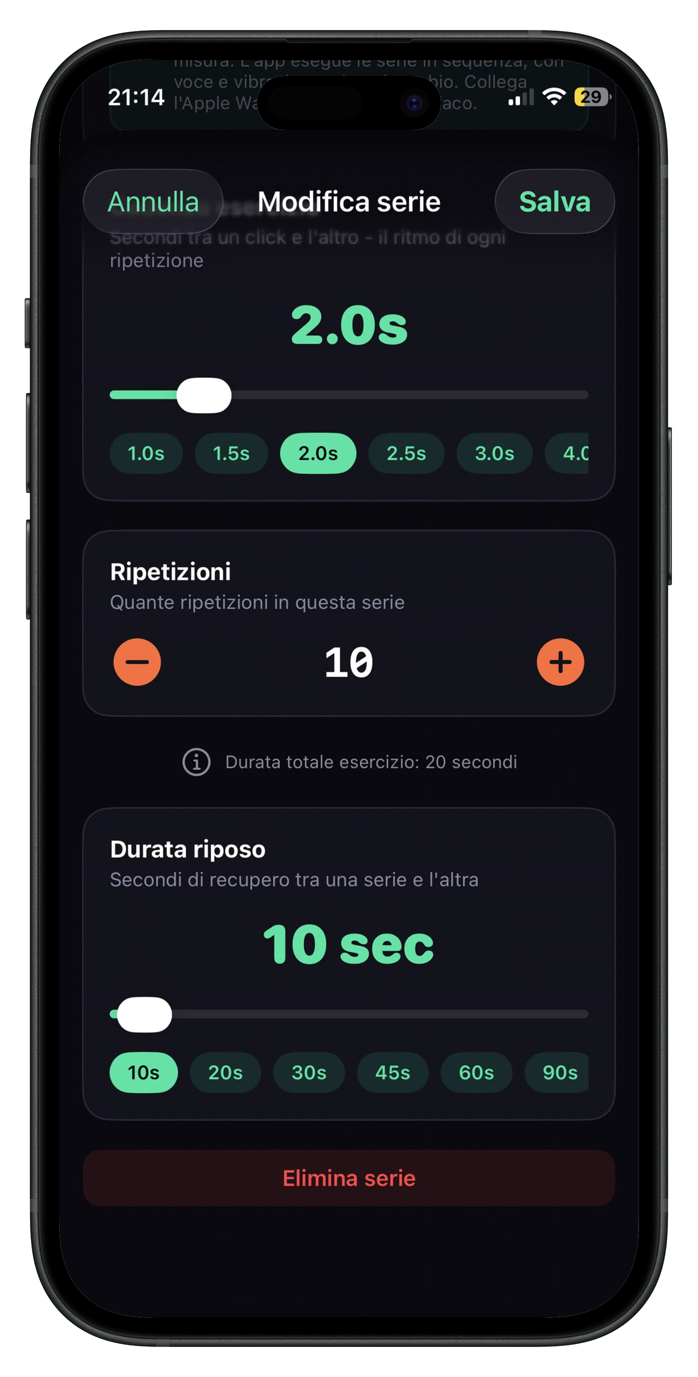 CueMe Fit, modalità Serie con Cadenza e ripetizioni