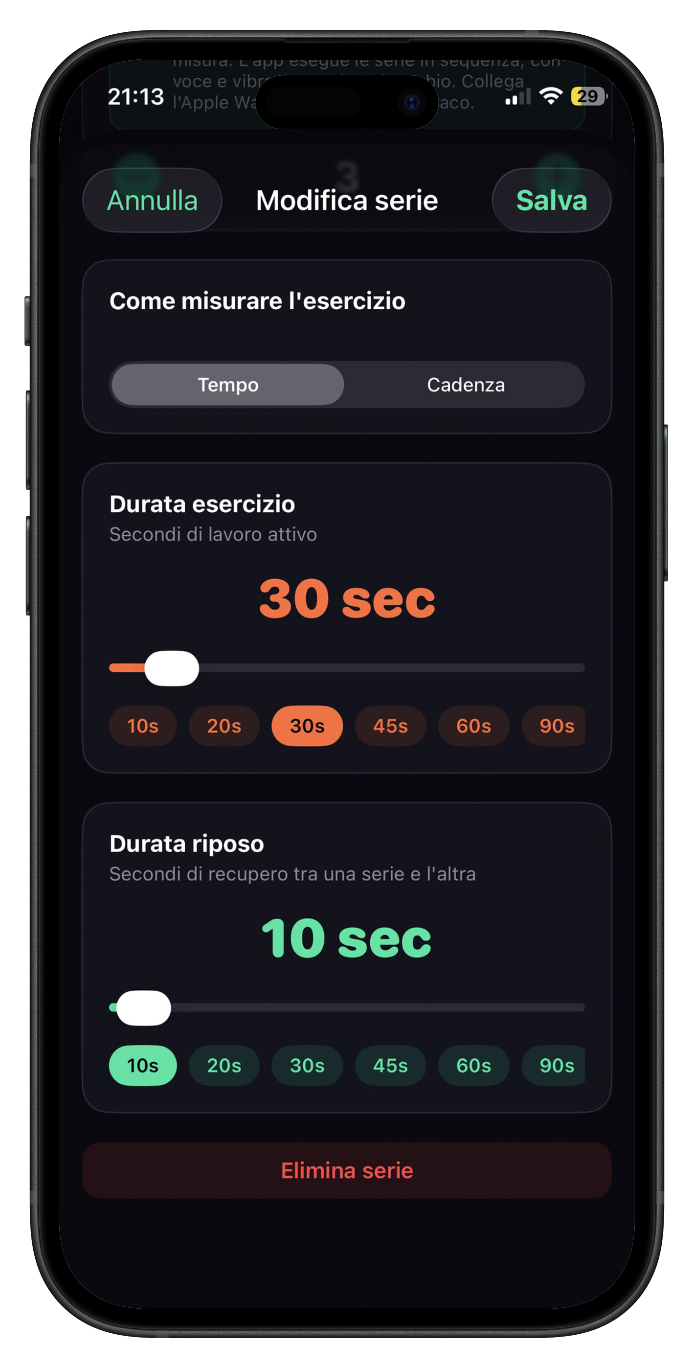 CueMe Fit, modalità Serie con esercizio a tempo